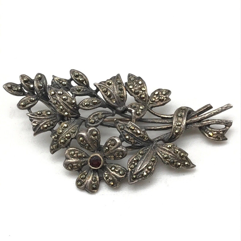 Vintage 925 Sterling Silver Marcasite Encrusted Garnet Flower Brooch Pin